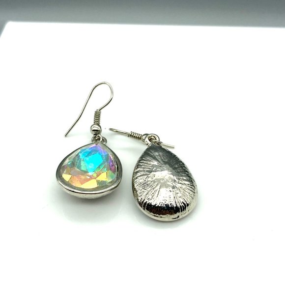Bold Bright Teardrop Dangle Earrings, Faceted Crystal in Silver Tone Drop, Spark - Picture 6 of 6